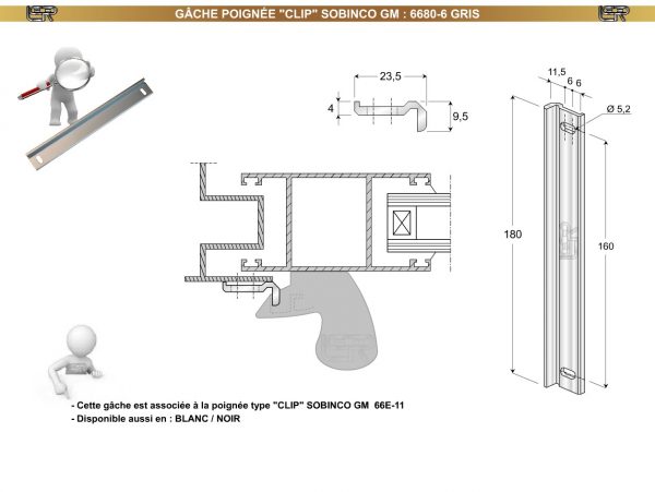 Gâche poignée CLIP SOBINCO GM 6680-6 GRIS