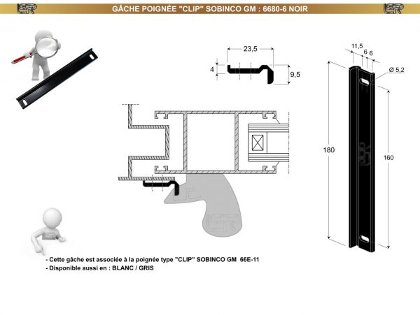 Gâche poignée CLIP SOBINCO GM 6680-6 NOIR