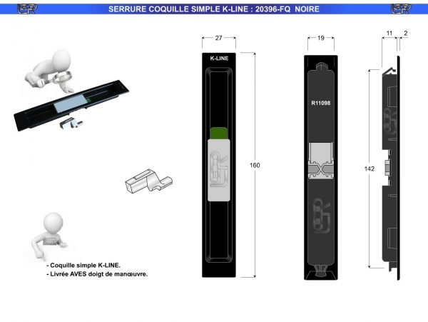 SERRURE COQUILLE SIMPLE K-LINE 20396-FQ - NOIRE – Image 2